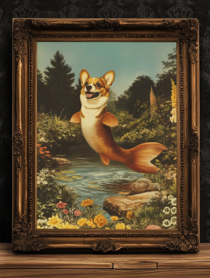 Funny Corgi Mermaid Wall Art Print