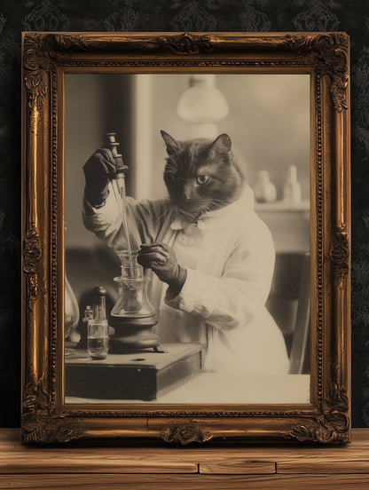 Marie Cat Curie, Gothic Vintage photograph, Whimisigoth Cute Cat Scientist, Poster Art Print, Occult Poster, Retro Weird Stuff Art Gift