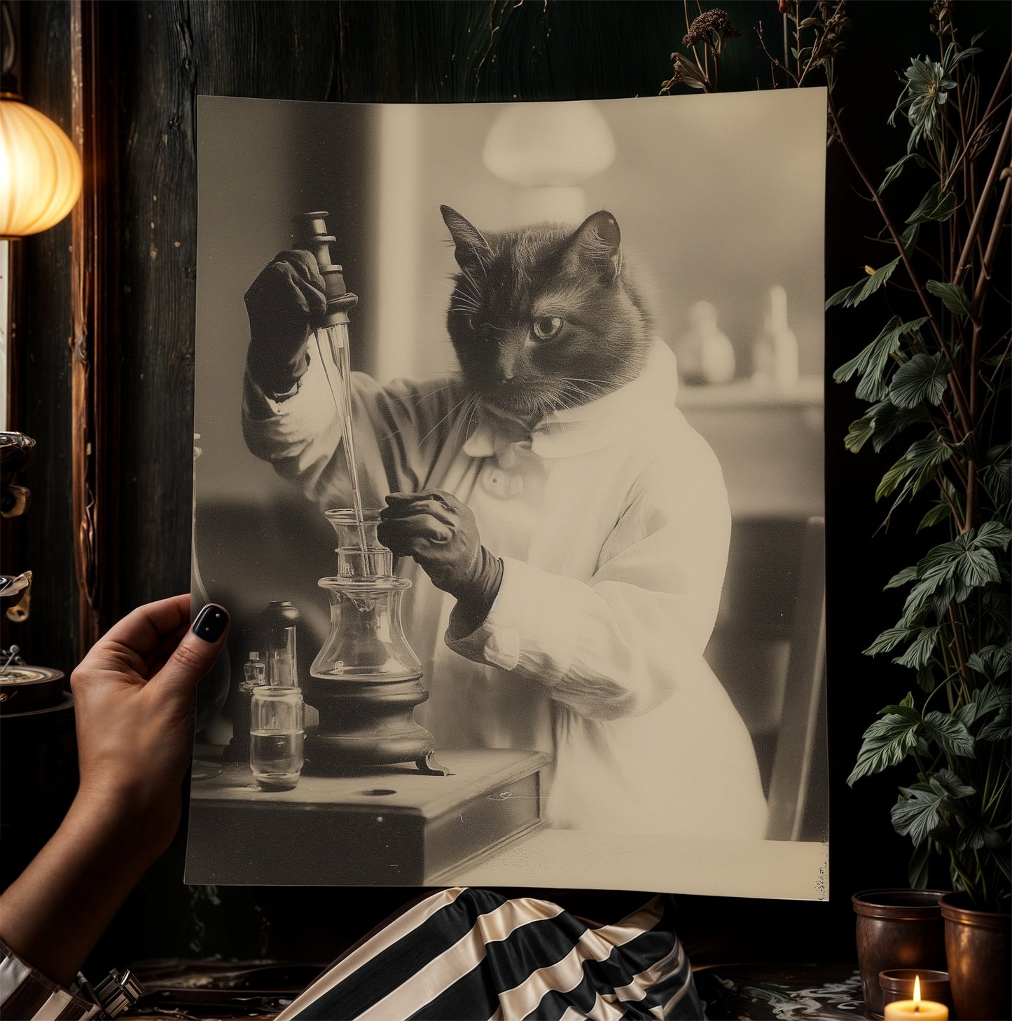 Marie Cat Curie, Gothic Vintage photograph, Whimisigoth Cute Cat Scientist, Poster Art Print, Occult Poster, Retro Weird Stuff Art Gift