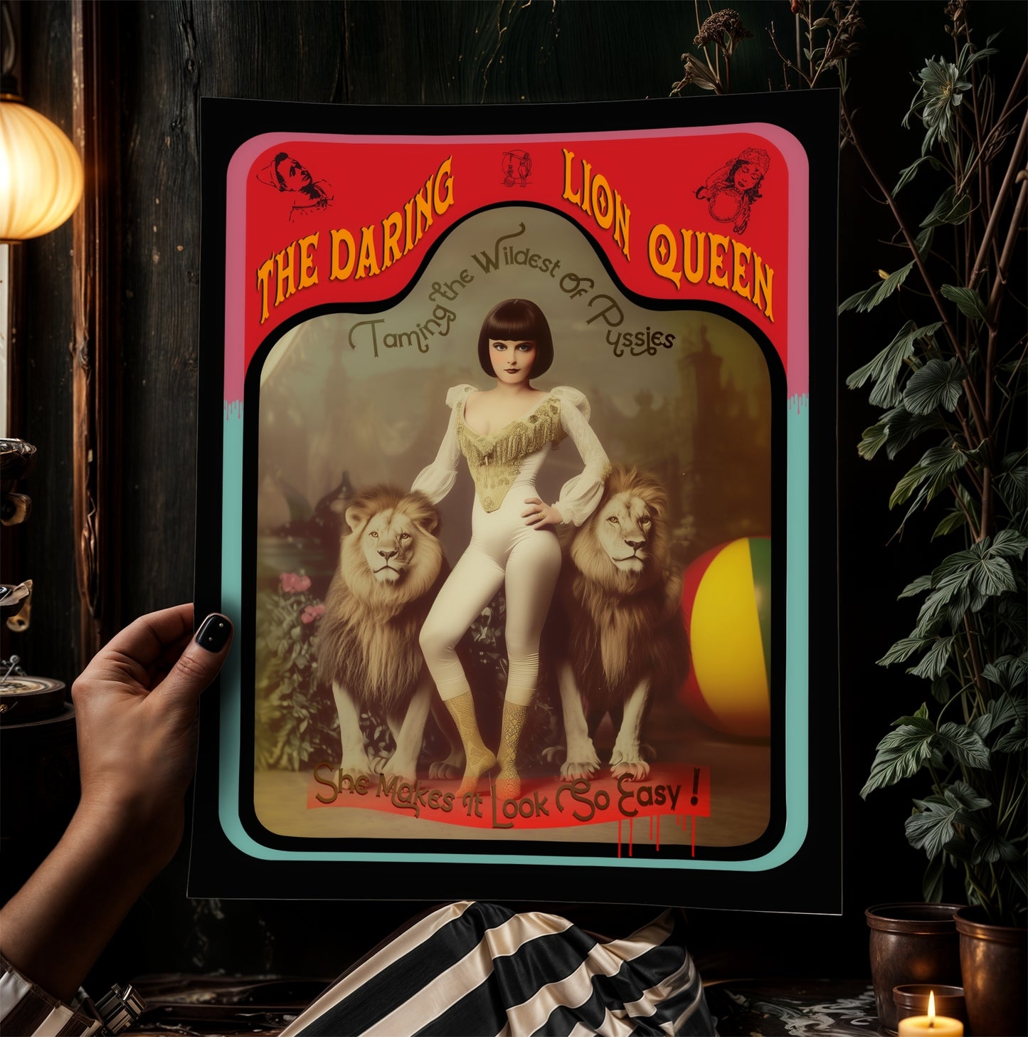The Lion Tamer, Victorian Circus Wall Art, Circus Sideshow Cabinet Card, Freakshow, Oddities, Sideshow Print, Carnival Poster, Dark Academia