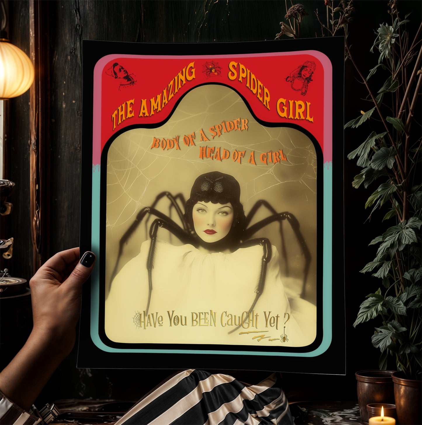 The Amazing Spidora, Spider Girl, Vintage Circus Wall Art, Retro Cabinet Card, Freakshow, Sideshow Print, Oddities & Curiosities Poster