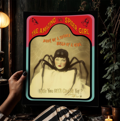 The Amazing Spidora, Spider Girl, Vintage Circus Wall Art, Retro Cabinet Card, Freakshow, Sideshow Print, Oddities & Curiosities Poster