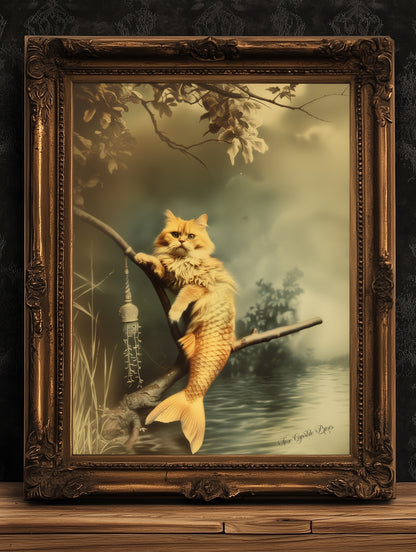The Cat Mermaid, The Rare Catfish, Purrmaid Print, Vintage Victorian Gothic photograph, Cute Weird items Gift Wall Art, Dark Academia Decor