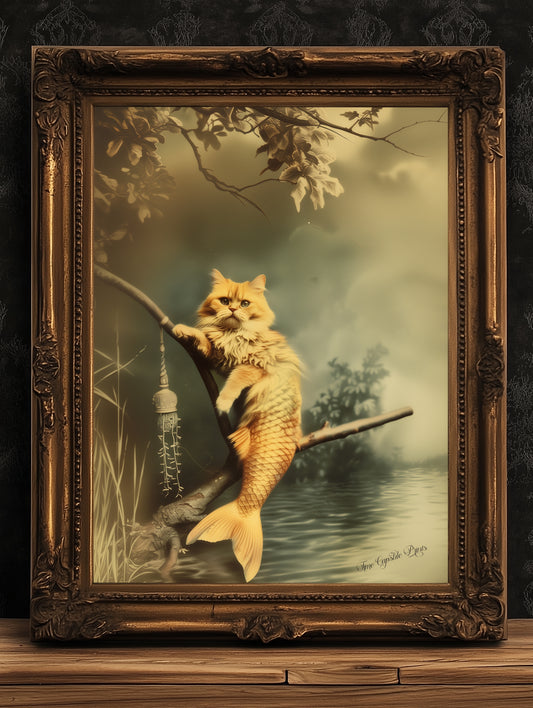 The Cat Mermaid, The Rare Catfish, Purrmaid Print, Vintage Victorian Gothic photograph, Cute Weird items Gift Wall Art, Dark Academia Decor