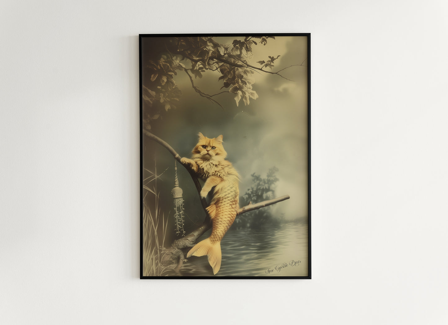 The Cat Mermaid, The Rare Catfish, Purrmaid Print, Vintage Victorian Gothic photograph, Cute Weird items Gift Wall Art, Dark Academia Decor