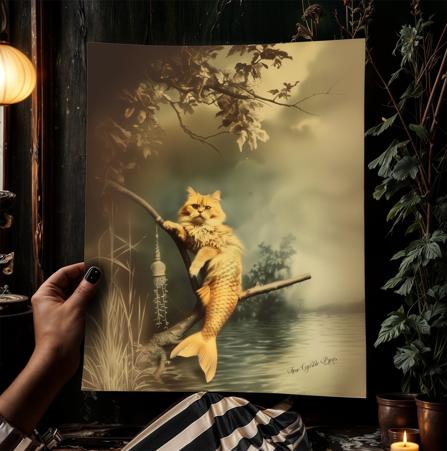 The Cat Mermaid, The Rare Catfish, Purrmaid Print, Vintage Victorian Gothic photograph, Cute Weird items Gift Wall Art, Dark Academia Decor