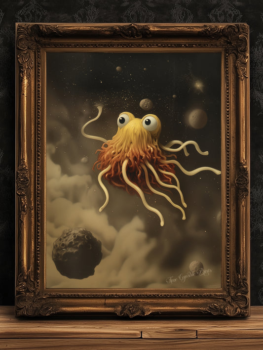 The Flying Spaghetti Monster, Cabinet Card, Vintage Victorian Gothic photograph, Space Art, Moody Dark Academia Decor