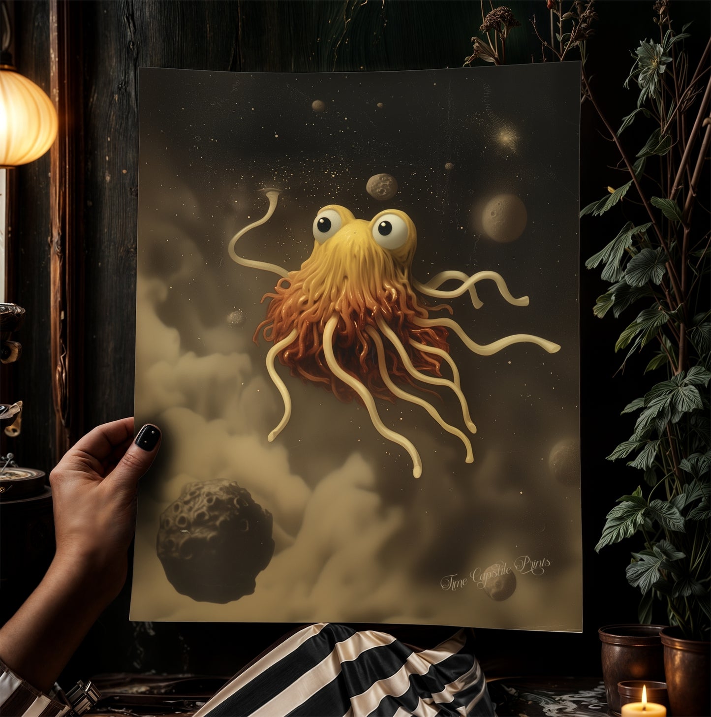 The Flying Spaghetti Monster, Cabinet Card, Vintage Victorian Gothic photograph, Space Art, Moody Dark Academia Decor