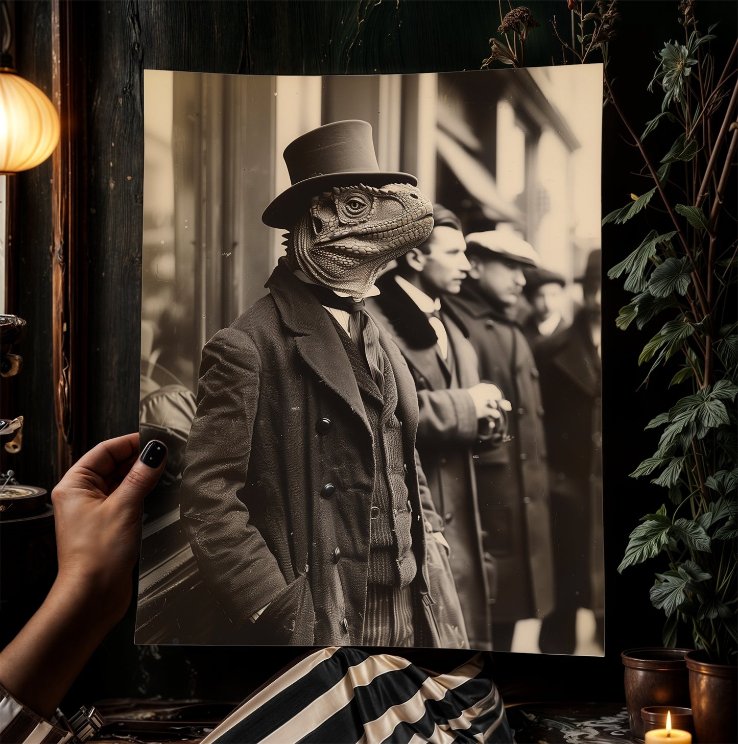 Gentleman Dinosaur In a Suit, Vintage photography, Bizarre Art Print Poster, Dark Academia, Gothic Occult Poster, Gothic Home Decor