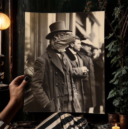 Gentleman Dinosaur In a Suit, Vintage photography, Bizarre Art Print Poster, Dark Academia, Gothic Occult Poster, Gothic Home Decor