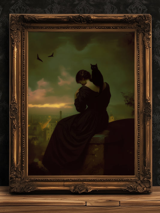 Gothic Lady and her Cat, Moody Vintage Poster, Art Poster Print, Dark Academia Home Decor, Victorian Art, Witchy Decor, Cat Lover Gift