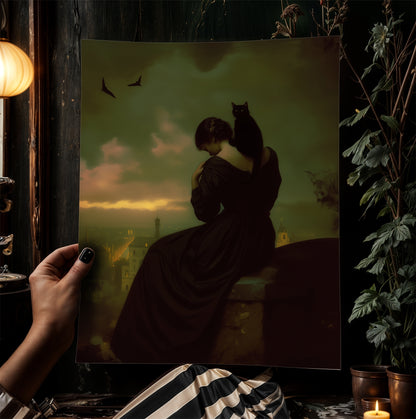 Gothic Lady and her Cat, Moody Vintage Poster, Art Poster Print, Dark Academia Home Decor, Victorian Art, Witchy Decor, Cat Lover Gift