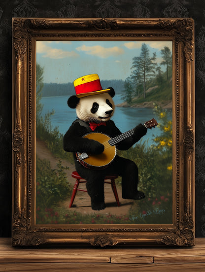 Vintage Panda Playing Banjo Art Print – Whimsical Animal Portrait with Retro Charm, Nursery Decor, Unique Musician Panda Wall Art