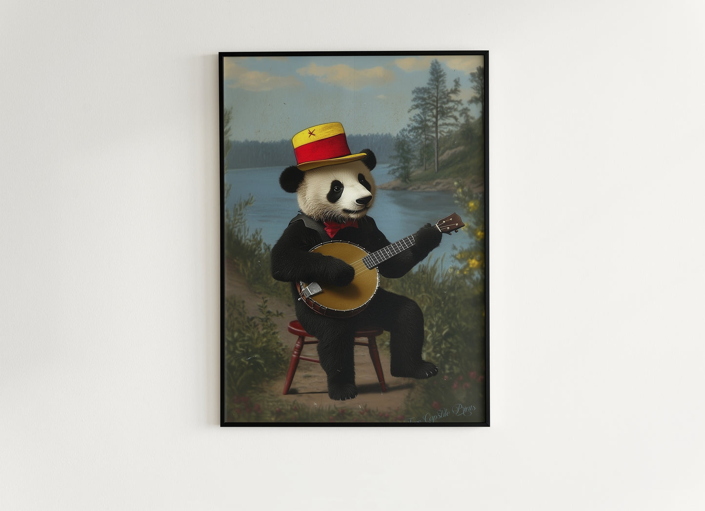 Vintage Panda Playing Banjo Art Print – Whimsical Animal Portrait with Retro Charm, Nursery Decor, Unique Musician Panda Wall Art
