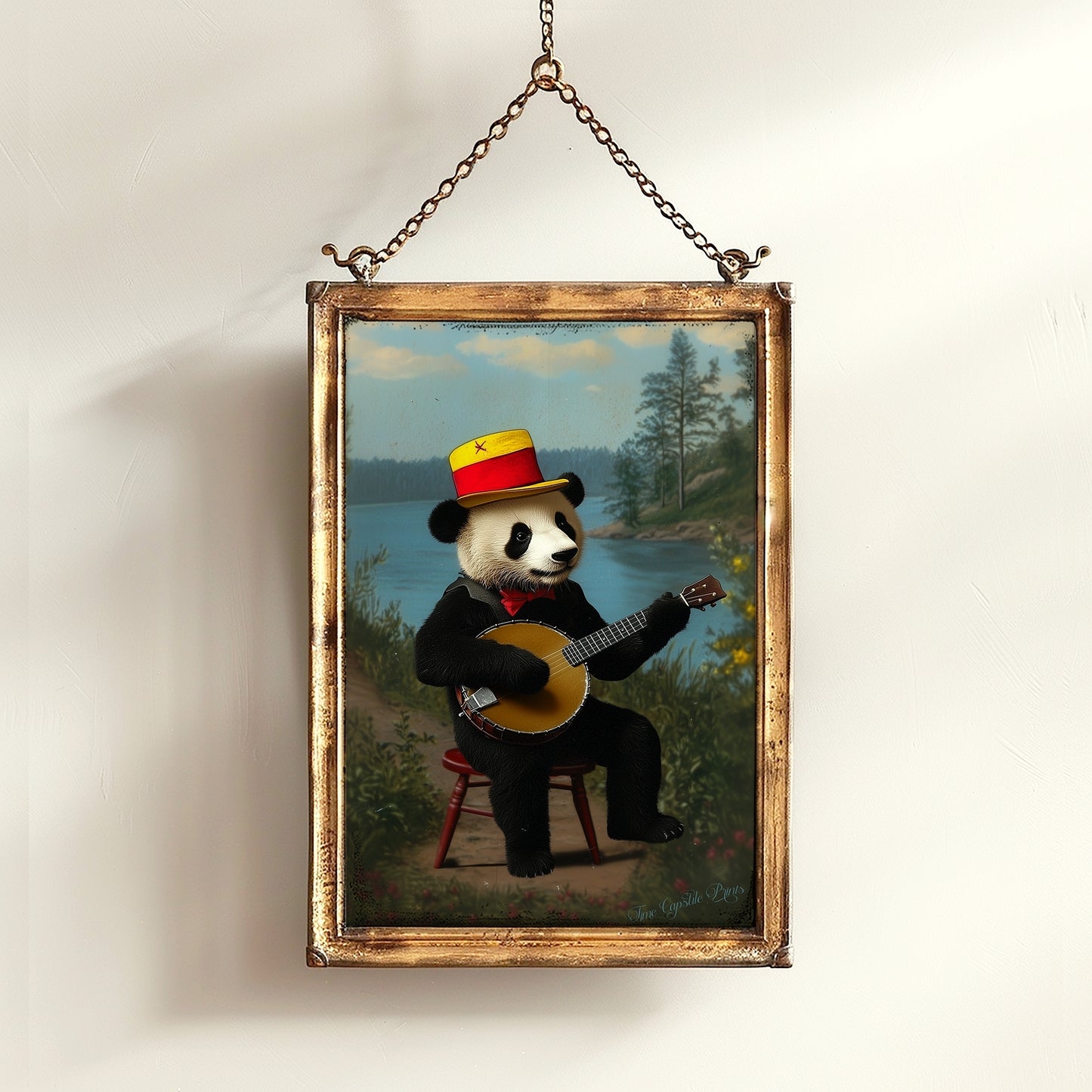 Vintage Panda Playing Banjo Art Print – Whimsical Animal Portrait with Retro Charm, Nursery Decor, Unique Musician Panda Wall Art