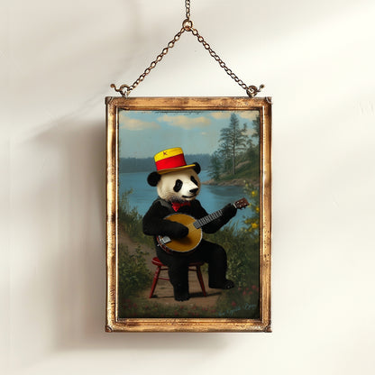 Vintage Panda Playing Banjo Art Print – Whimsical Animal Portrait with Retro Charm, Nursery Decor, Unique Musician Panda Wall Art