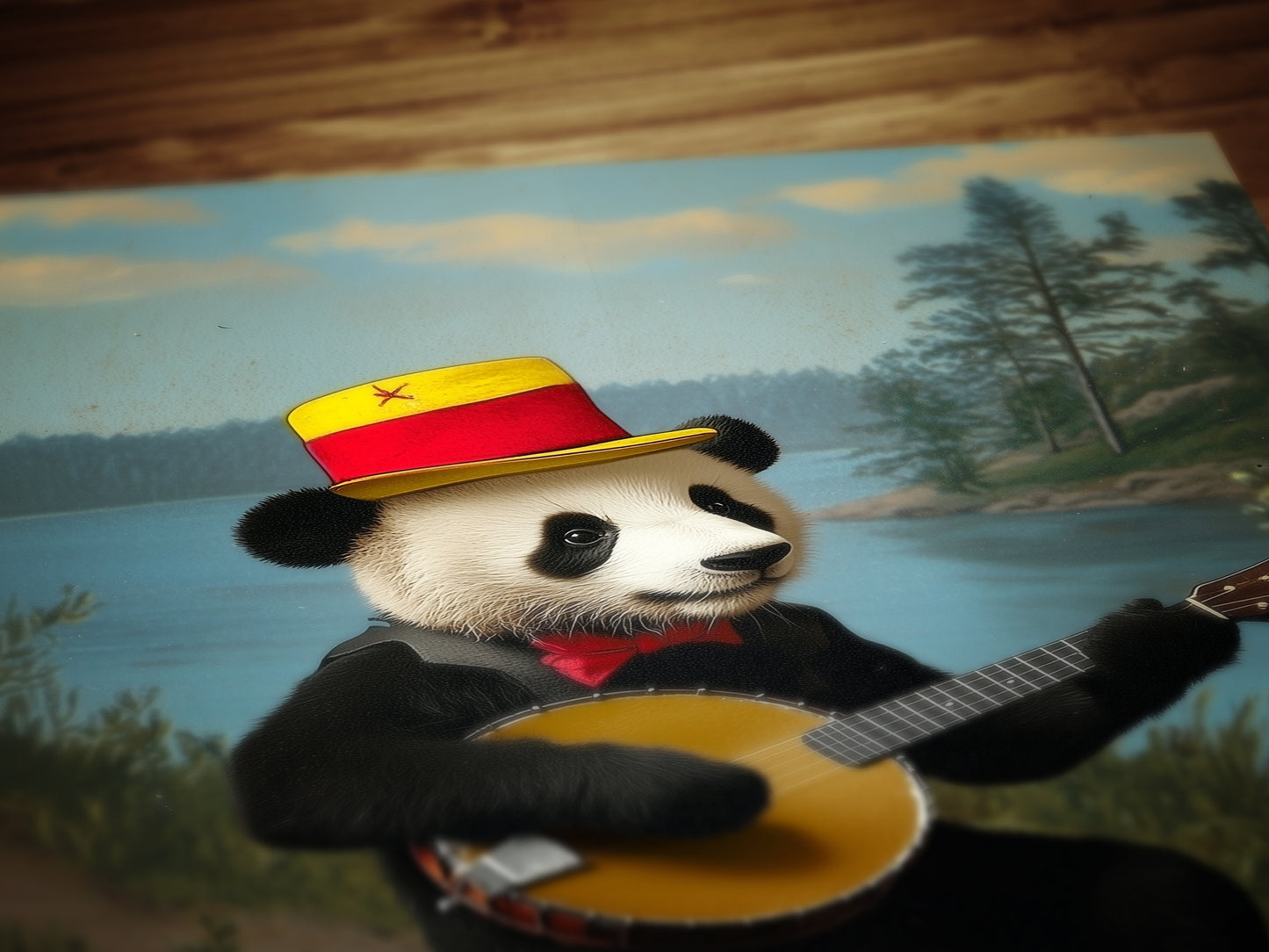 Vintage Panda Playing Banjo Art Print – Whimsical Animal Portrait with Retro Charm, Nursery Decor, Unique Musician Panda Wall Art