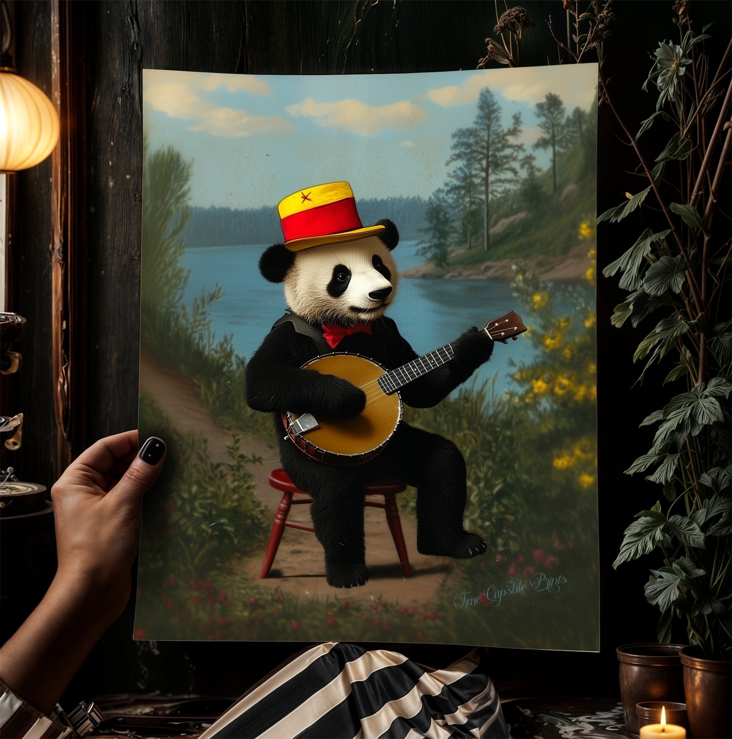 Vintage Panda Playing Banjo Art Print – Whimsical Animal Portrait with Retro Charm, Nursery Decor, Unique Musician Panda Wall Art