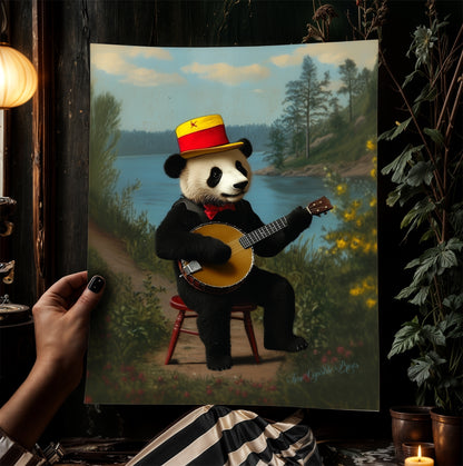 Vintage Panda Playing Banjo Art Print – Whimsical Animal Portrait with Retro Charm, Nursery Decor, Unique Musician Panda Wall Art