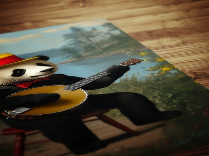 Vintage Panda Playing Banjo Art Print – Whimsical Animal Portrait with Retro Charm, Nursery Decor, Unique Musician Panda Wall Art