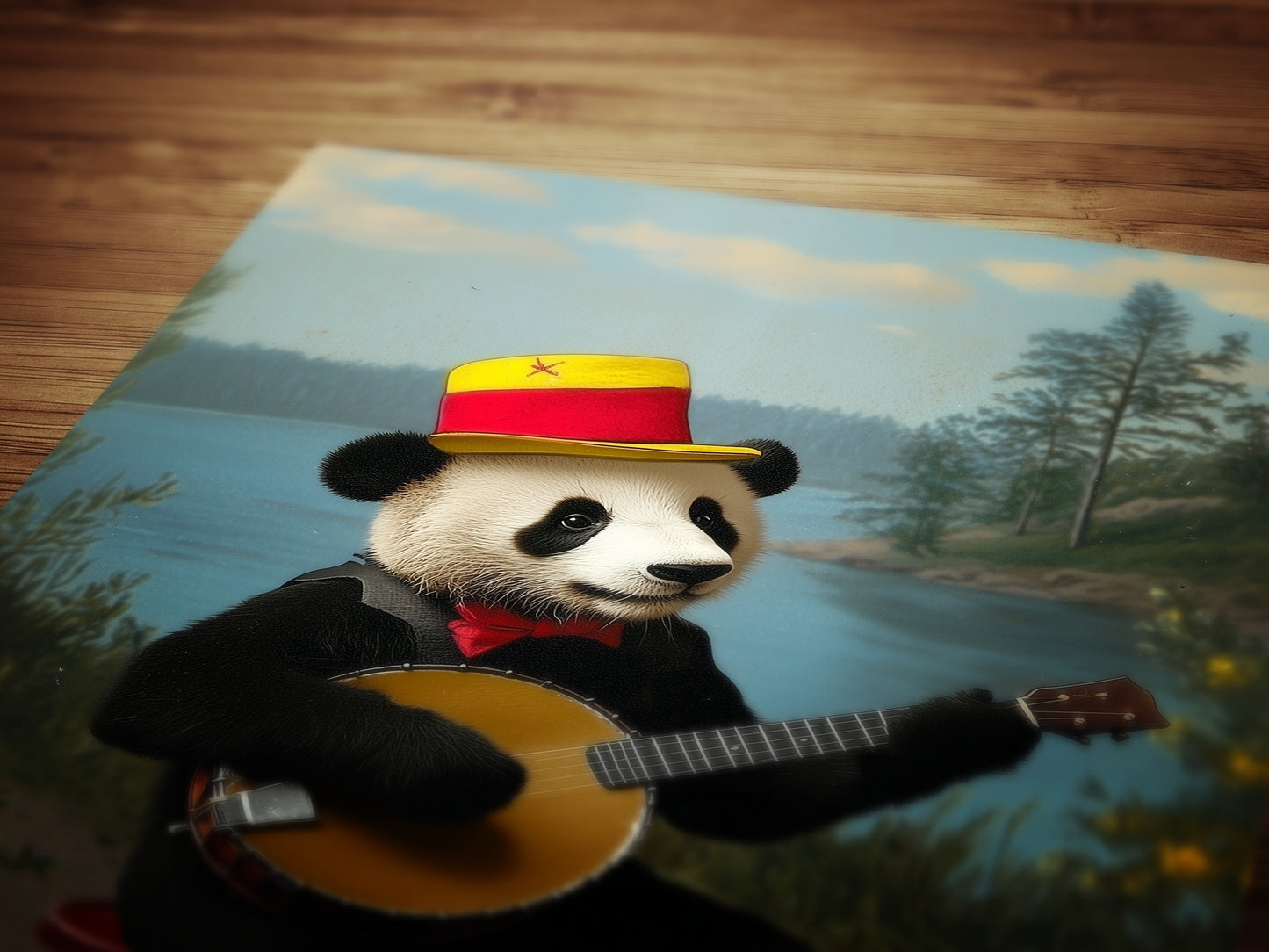 Vintage Panda Playing Banjo Art Print – Whimsical Animal Portrait with Retro Charm, Nursery Decor, Unique Musician Panda Wall Art