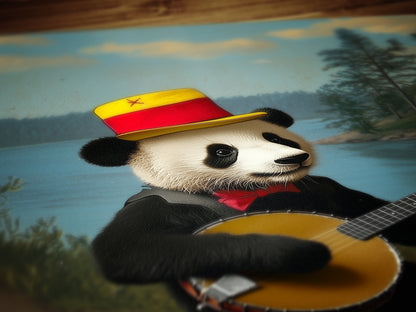 Vintage Panda Playing Banjo Art Print – Whimsical Animal Portrait with Retro Charm, Nursery Decor, Unique Musician Panda Wall Art