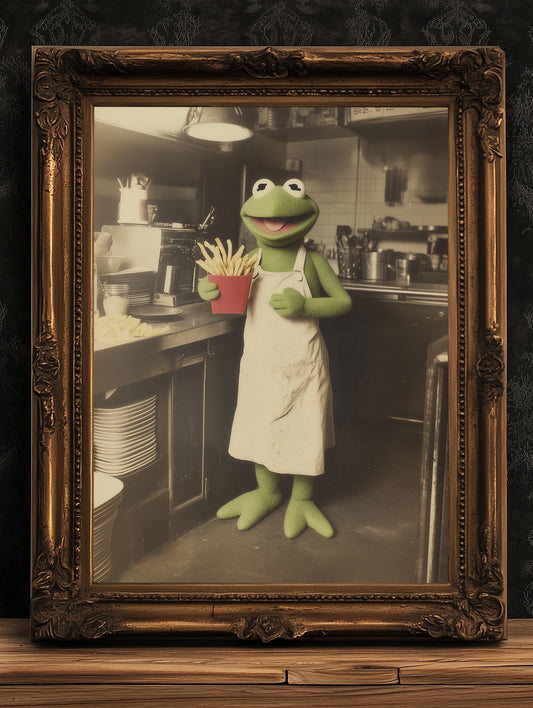 Kermit Serving Fries Not Lies, Funny Vintage Poster Postcard, Art Poster Print, Quirky Home Decor, Victorian Art, Trump Makes Fries