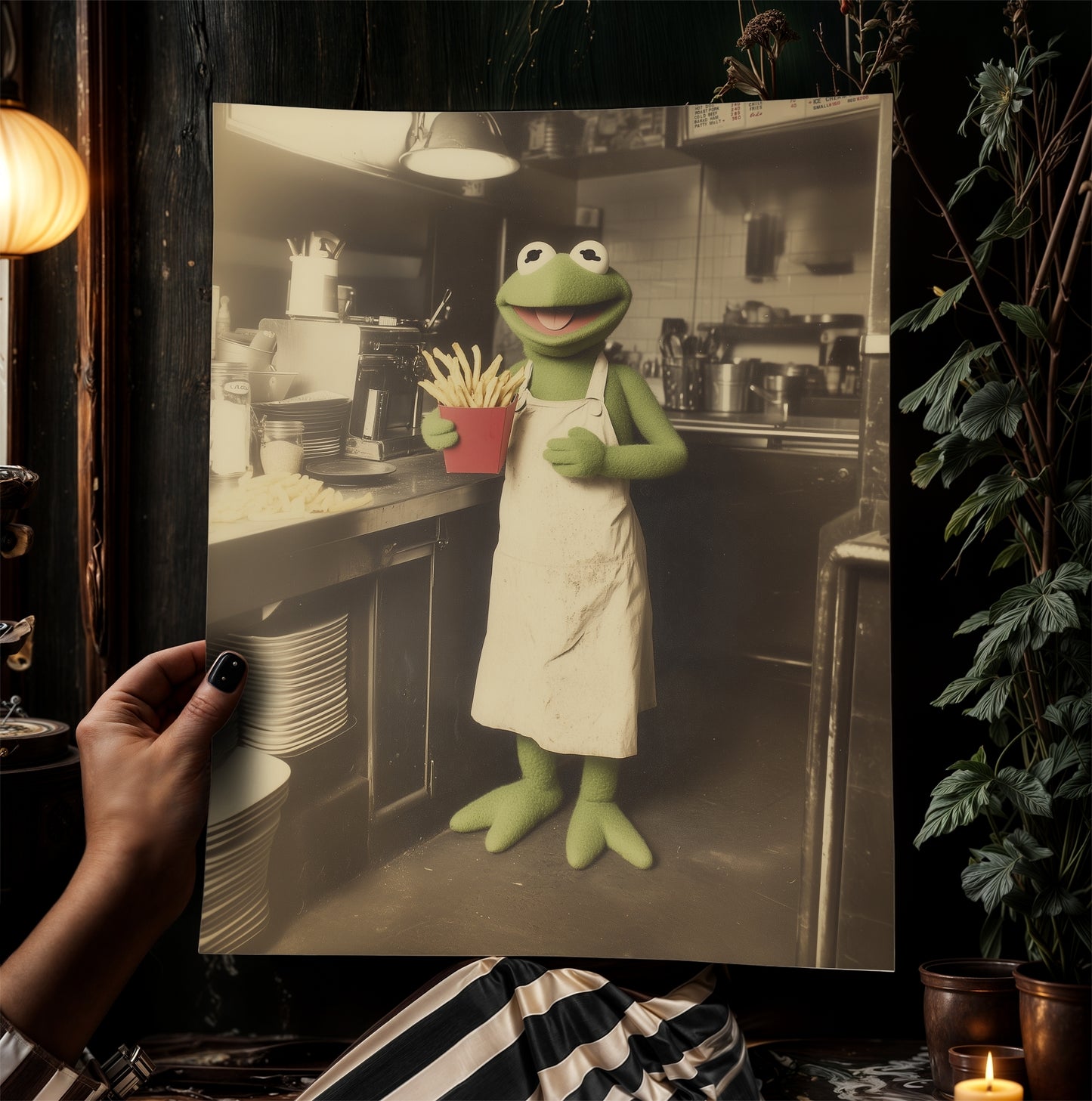 Kermit Serving Fries Not Lies, Funny Vintage Poster Postcard, Art Poster Print, Quirky Home Decor, Victorian Art, Trump Makes Fries