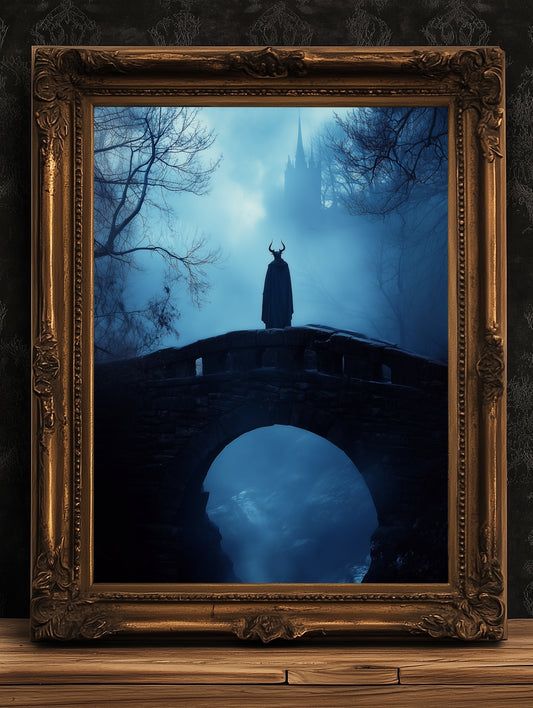 Mystical Medieval Dark Forest Bridge Demon Looking at Castle in Fog - Goth Fantasy Wall Art Print, Eerie Forest Print, Castle Core Poster