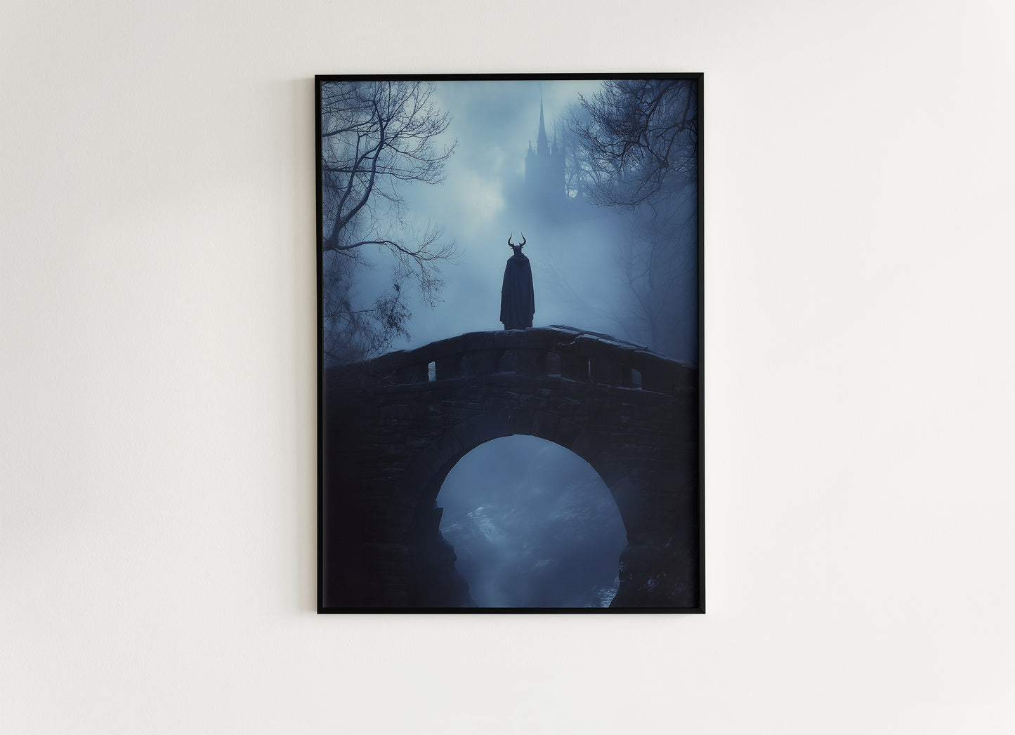 Mystical Medieval Dark Forest Bridge Demon Looking at Castle in Fog - Goth Fantasy Wall Art Print, Eerie Forest Print, Castle Core Poster