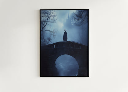 Mystical Medieval Dark Forest Bridge Demon Looking at Castle in Fog - Goth Fantasy Wall Art Print, Eerie Forest Print, Castle Core Poster