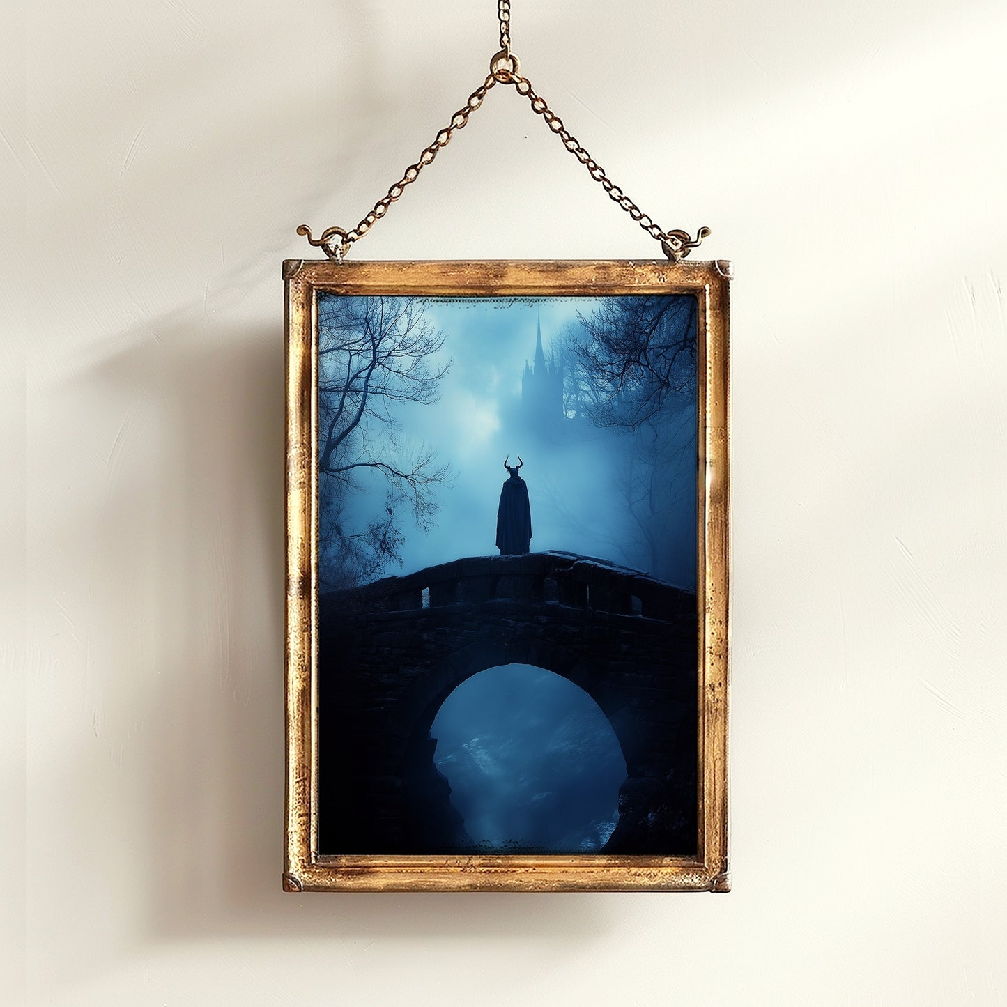Mystical Medieval Dark Forest Bridge Demon Looking at Castle in Fog - Goth Fantasy Wall Art Print, Eerie Forest Print, Castle Core Poster