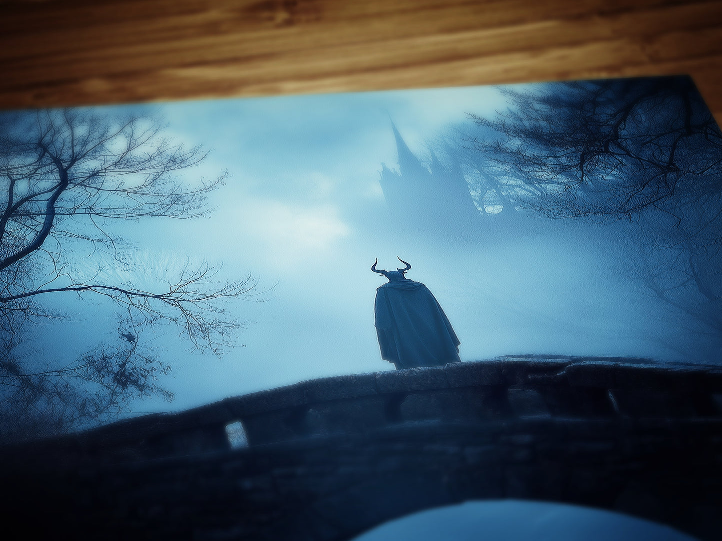 Mystical Medieval Dark Forest Bridge Demon Looking at Castle in Fog - Goth Fantasy Wall Art Print, Eerie Forest Print, Castle Core Poster