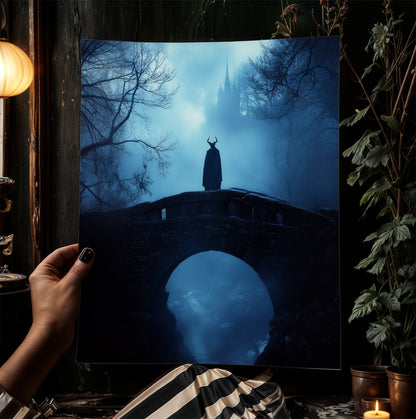 Mystical Medieval Dark Forest Bridge Demon Looking at Castle in Fog - Goth Fantasy Wall Art Print, Eerie Forest Print, Castle Core Poster