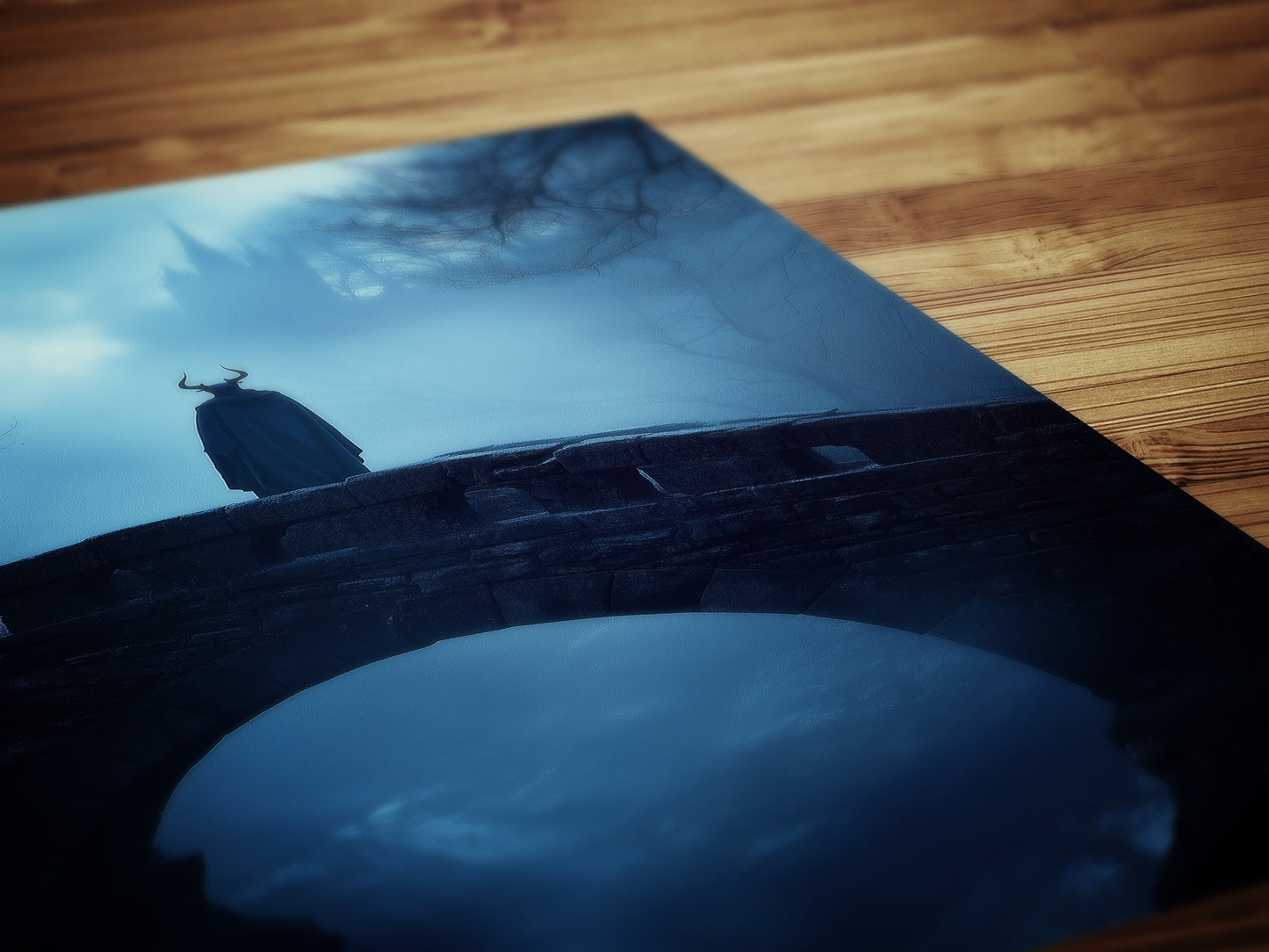 Mystical Medieval Dark Forest Bridge Demon Looking at Castle in Fog - Goth Fantasy Wall Art Print, Eerie Forest Print, Castle Core Poster