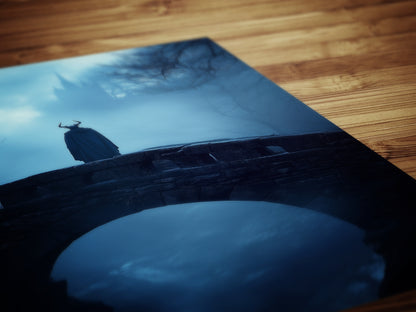 Mystical Medieval Dark Forest Bridge Demon Looking at Castle in Fog - Goth Fantasy Wall Art Print, Eerie Forest Print, Castle Core Poster