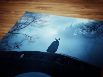 Mystical Medieval Dark Forest Bridge Demon Looking at Castle in Fog - Goth Fantasy Wall Art Print, Eerie Forest Print, Castle Core Poster