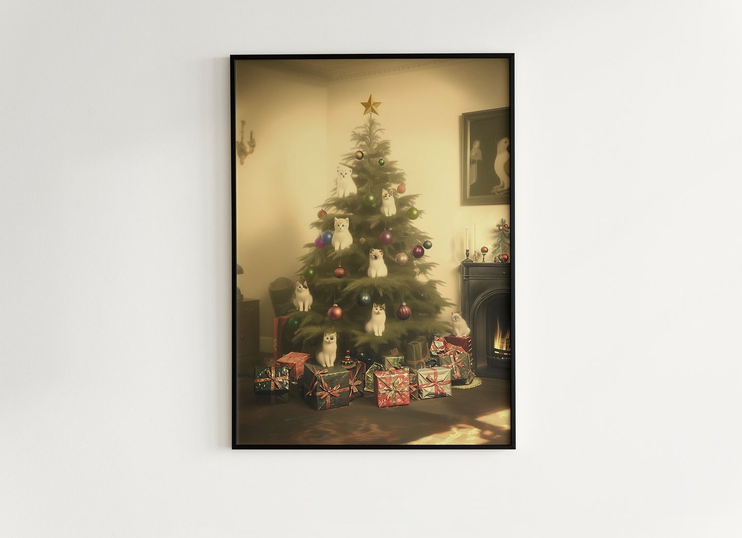 Retro Christmas Cat Tree Wall Art