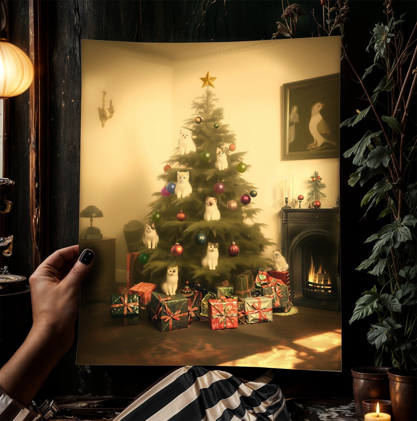 Retro Christmas Cat Tree Wall Art