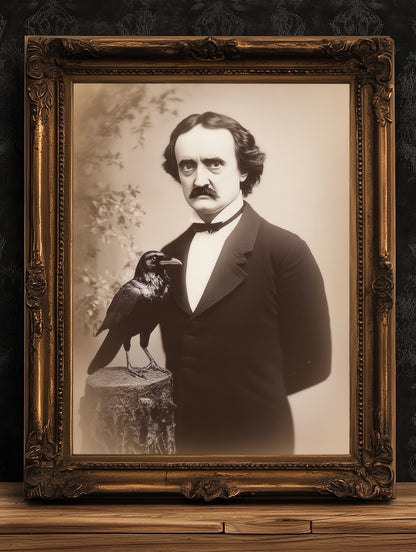 Gothic Raven Gothic Portrait Poster, Vintage Edgar Allan Poe Wall art Print, Dark Aesthetic Decor for Horror Lovers