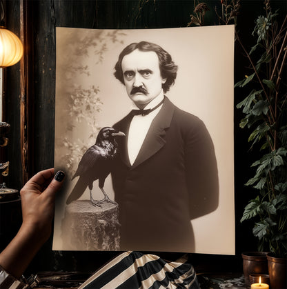 Gothic Raven Gothic Portrait Poster, Vintage Edgar Allan Poe Wall art Print, Dark Aesthetic Decor for Horror Lovers