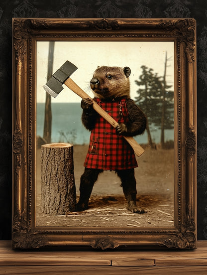 Beaver Lumberjack Portrait, Rustic Animal Art for Nature Lovers, Whimsical Animal Portrait with Retro Charm, Quirky Animal Prints