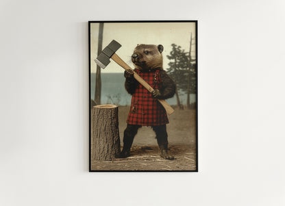 Beaver Lumberjack Portrait, Rustic Animal Art for Nature Lovers, Whimsical Animal Portrait with Retro Charm, Quirky Animal Prints