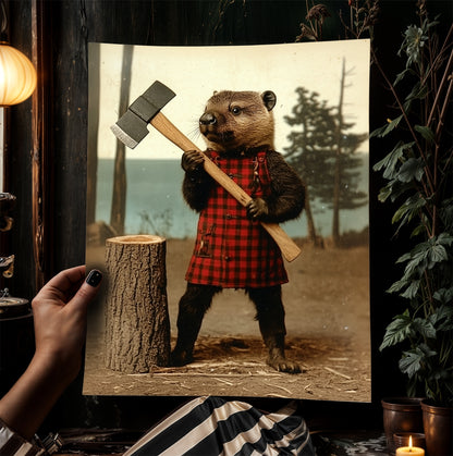 Beaver Lumberjack Portrait, Rustic Animal Art for Nature Lovers, Whimsical Animal Portrait with Retro Charm, Quirky Animal Prints