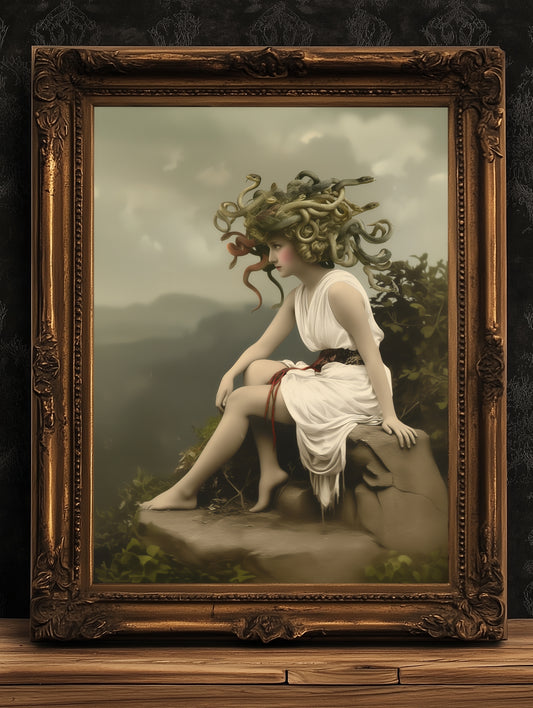 Medusa Art Print, Moody Cabinet Card Postcard, Vintage Gothic Wall Art, Dark Academia Aesthetic, Greek Mythology, Snake Haired Portrait