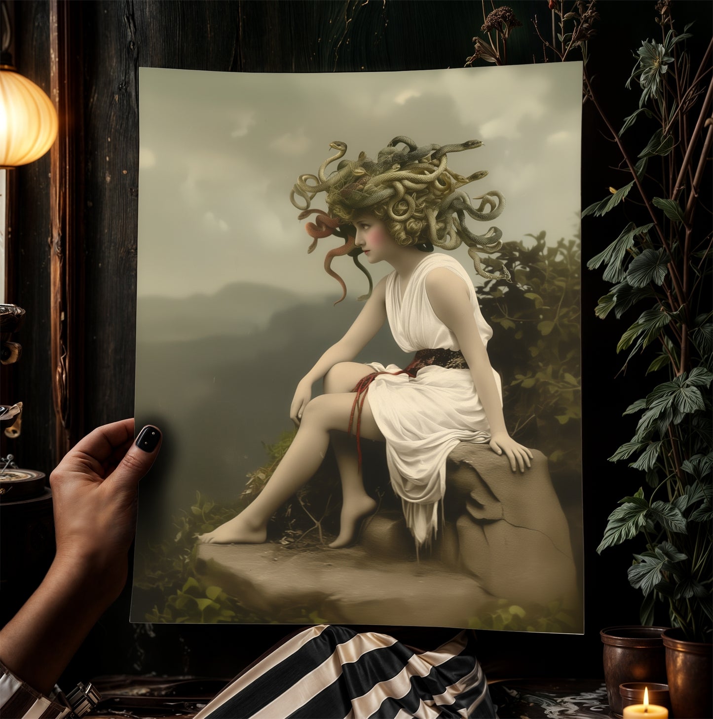 Medusa Art Print, Moody Cabinet Card Postcard, Vintage Gothic Wall Art, Dark Academia Aesthetic, Greek Mythology, Snake Haired Portrait