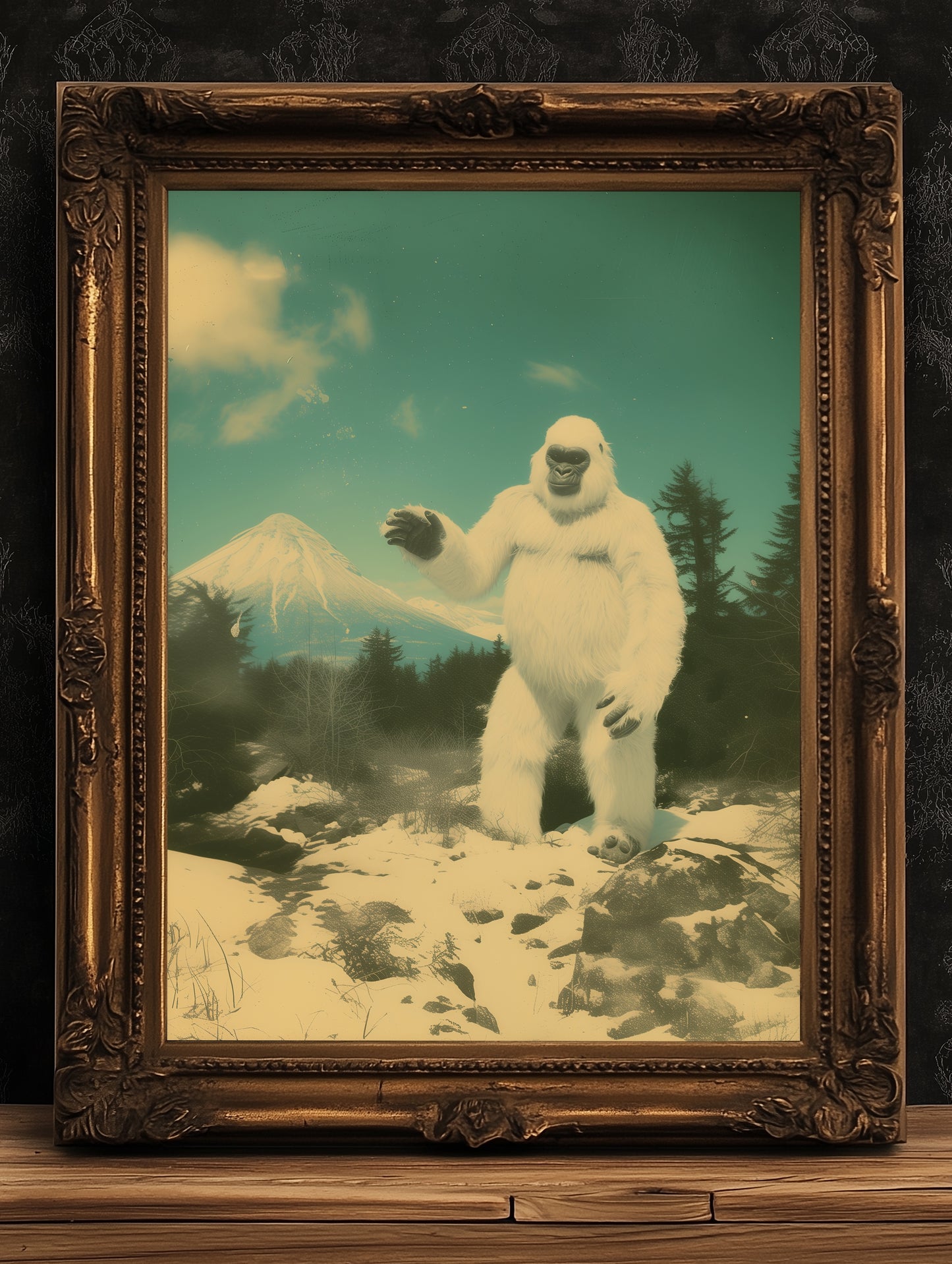 Vintage Yeti Wall Art Retro Snowy Bigfoot Landscape Print