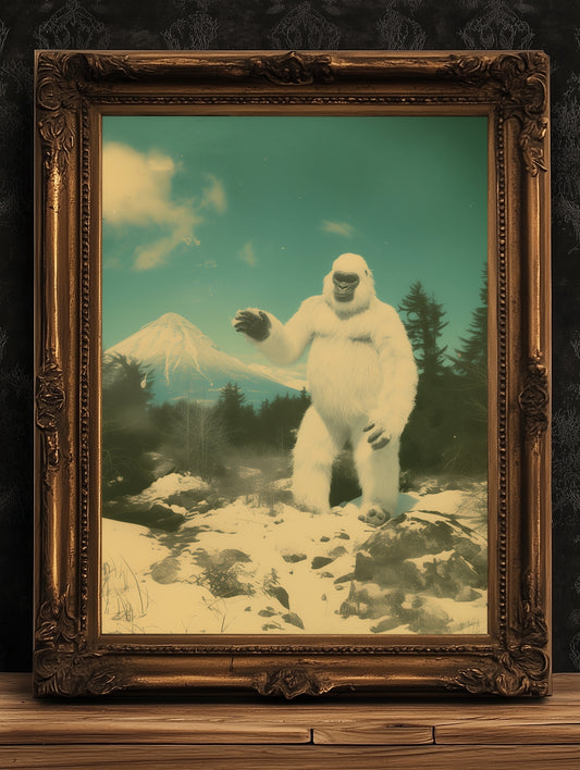 Vintage Yeti Wall Art, Retro Snowy Bigfoot Landscape Print, Unique Mythical Creature Decor for Cryptids & Fantasy Enthusiasts, Sasquatch art
