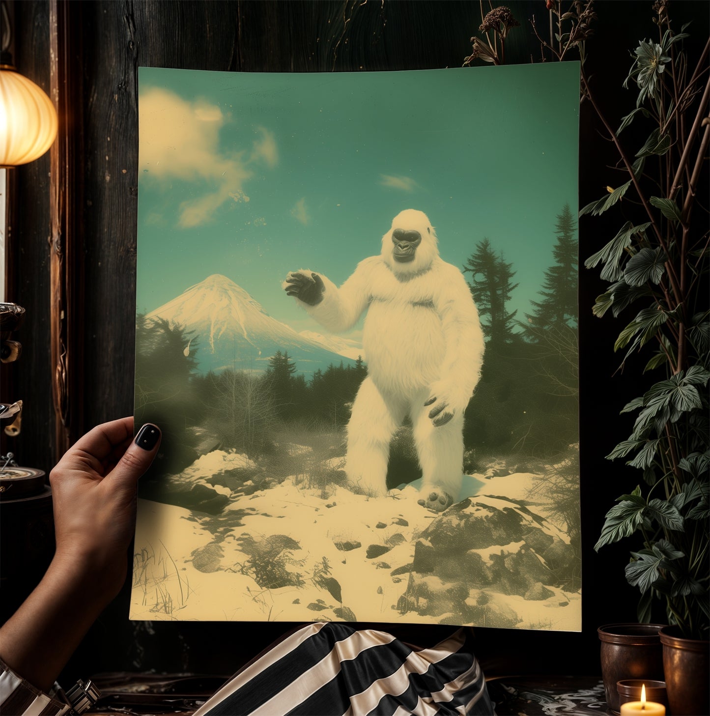 Vintage Yeti Wall Art Retro Snowy Bigfoot Landscape Print