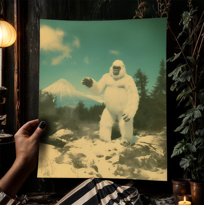 Vintage Yeti Wall Art Retro Snowy Bigfoot Landscape Print
